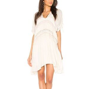 Free People Love on the Run Embroidered‎ Billow Sleeve Mini Dress in Cream - M